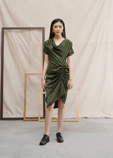 Silk Draped Ruched Midi Dress with Asymmetric Hemline